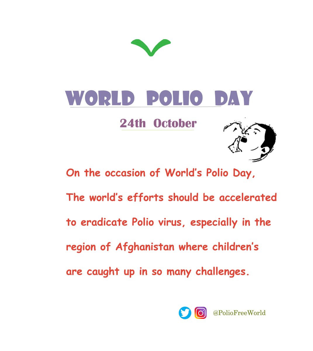 On the occasion of World's Polio Day 2021, 
The world's efforts should be accelerated to eradicate the Polio virus in the virus struck region, especially in Afghanistan, where children's are caught up in so many challenges.
#polio
#WorldPolioDay 
#WorldPolioDay_2021 
#polioday