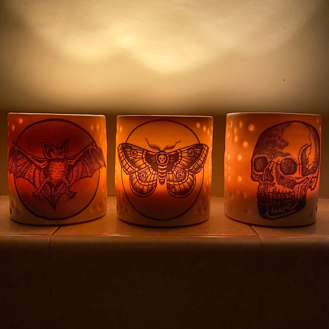 Good morning all, we have just added a new delft inspired porcelain votive holder to our online shop, these spooky pots are hand made by <a href="/melaniemademud/">melaniemademud</a> in Wales and feature illustrations by myself. More details in my online shop houseofhawks.bigcartel.com thanks for looking 💙💙💙