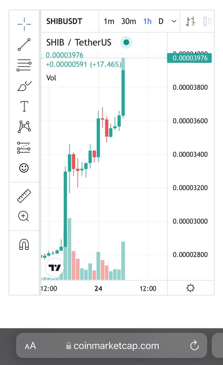 stayseaart's tweet photo. Caught the .00003976 on @CoinMarketCap — missed the screen shot at 398! But fuck yessssss!!! I’m shaking and heart is beating out of my chest. #SHIBARMY you guys are my family!!!! https://t.co/KfyjSblhoz