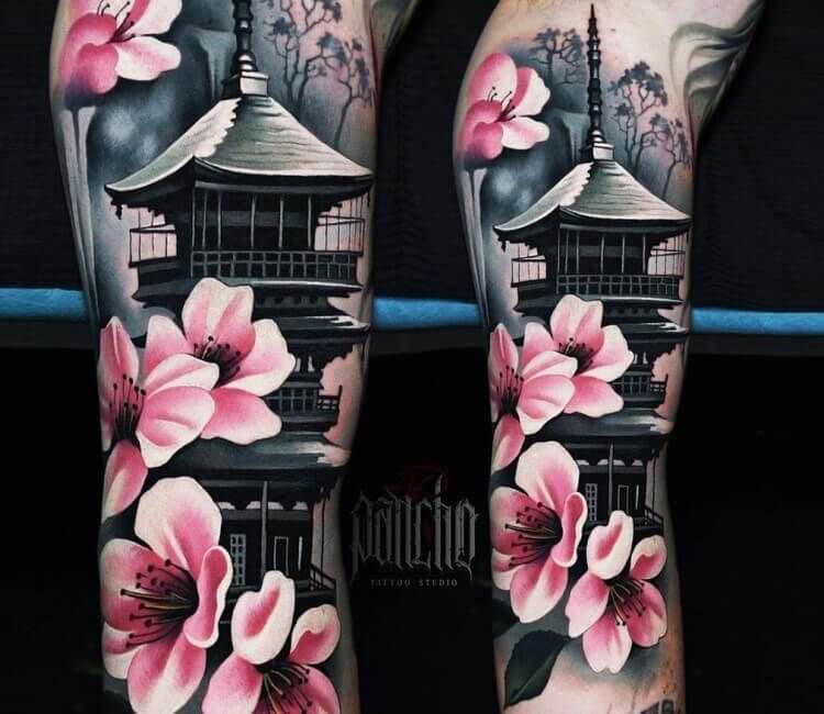 Pagoda and Old man tattoo by Arlo Tattoos | Post 24990