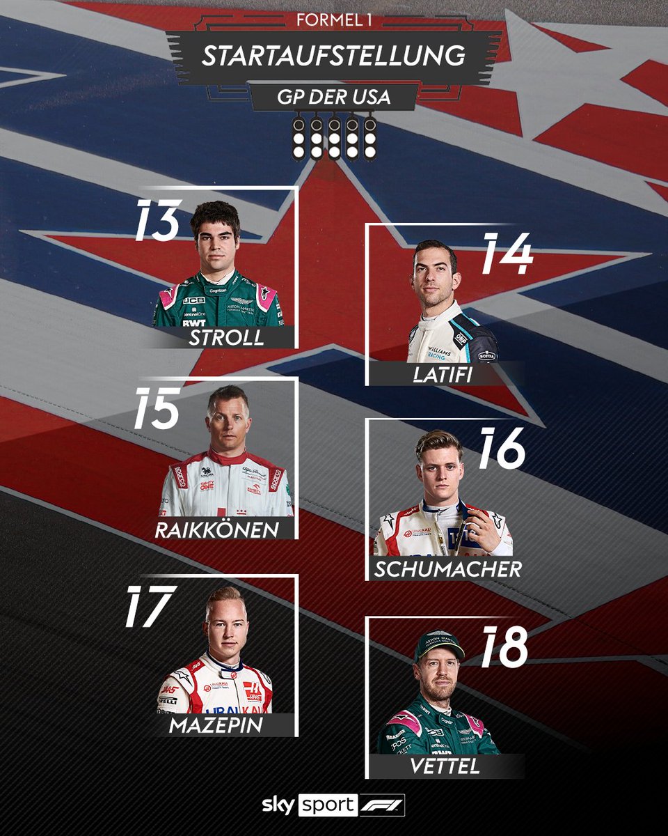 skysportformel1's tweet photo. Die bereinigte Startaufstellung zum #USGP nach den Strafen für Bottas, Vettel, Russell und Alonso! Das Rennen, ab 19:30 Uhr (Start 21:00 Uhr) live bei Sky! 

#SkyF1 #F1 #Formel1 #USGP https://t.co/7XcXRaUQU5