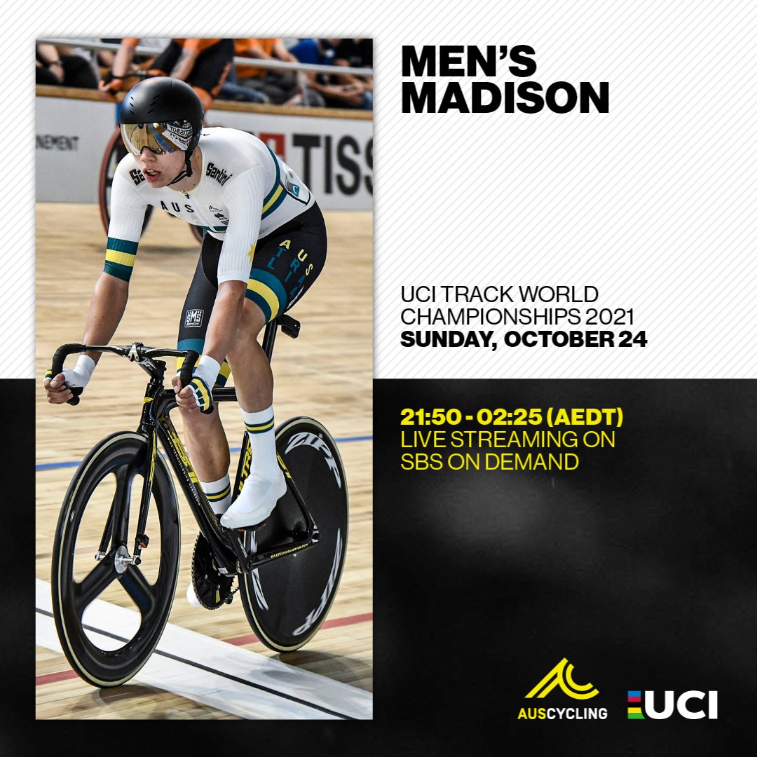 AusCyclingTeam's tweet photo. Yessssir! @kell_obrien and @LucasPlapp will be dropping the 🔨 for 200 laps tonight in the #Roubaix2021 @UCI_Track World Championships men's Madison.
The boys start their rainbow pursuit at 11.57pm AEDT. ⚡🤝🌈
#AusCyclingTeam #AussieCycling @AusCyclingAus https://t.co/Doe4ZafNWX