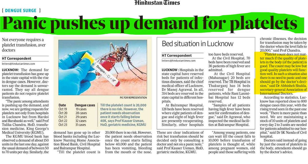 int_doctors's tweet image. Not everyone requires a Platelet Transfusion in Dengue, Panic pushes up demand of platelets. Dr. Abhishek Shukla, Secretary General Association of International Doctors says : Platelet count does not matter much if the quality of platelets in the patients body is good. #platlets