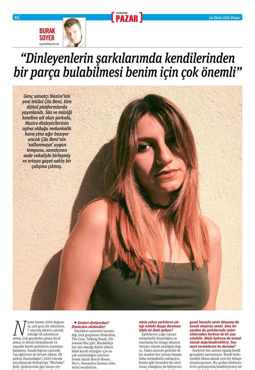 gazetepencere's tweet photo. "Dinleyenlerin Şarkılarımda Kendilerinden Bir Parça Bulabilmesi Benim İçin Çok Önemli"
Burak Soyer'in genç sanatçı Nazire ile yaptığı söyleşi bugün Gazete Pencere Pazar'da.
(Abone olmak için https://t.co/XJ7dgJ2bM8)
#PencerePazar #GazetePencere #Nazire #ÇözBeni https://t.co/nK2MORijDX