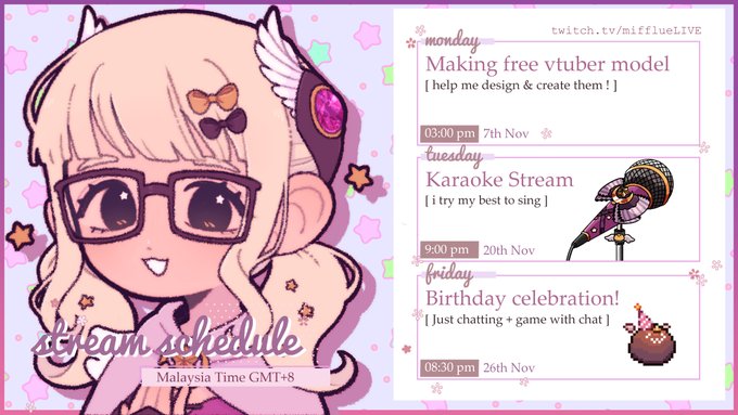 ⭐️Birthday month special⭐️
Free vtuber model, karaoke &amp; game with chat 💜

Here are my scheduled streams for November. Tweeting in advance bc there's no other streams this month. See you guys again soon !!

ALSO u can send me bday messages to read on stream below: 