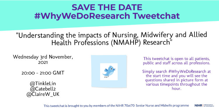 🔔📌SAVE THE DATE 📌🔔#whywedoresearch tweetchat alert

Wed 3rd Nov 8-9pm BST 

We’ll be talking all things nursing, midwifery & AHP-led research - impacts, measures, success, challenges. Open to all. 

#nihr70at70 #yourpathinresearch ⁦@catebell2⁩ ⁦@TinkleLin⁩