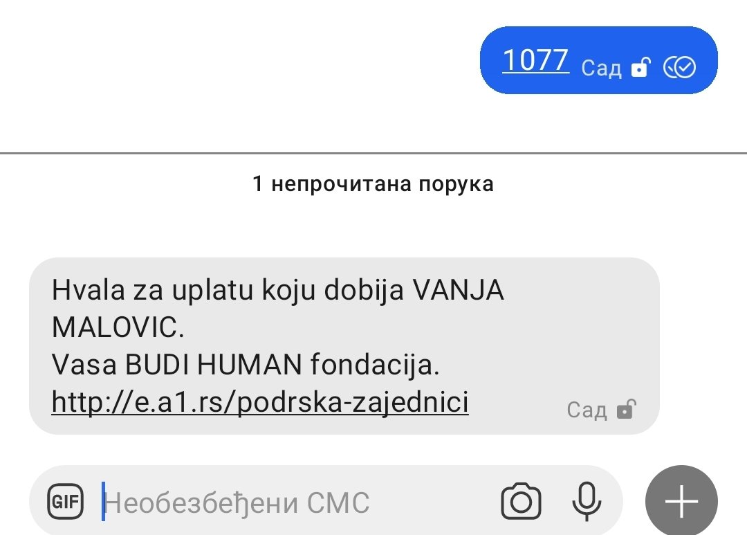 Dobro jutro.
Da vam dan bude lep pošaljite 1077 na 3030.
Pomozite Vanji da ode da primi lek.
Vremena je sve manje, a ostalo je još mnogo novca da se skupi.
Pokažimo i ovaj put da možemo svi zajedno da skupimo taj novac. 🙏🙏🙏🙏🙏
