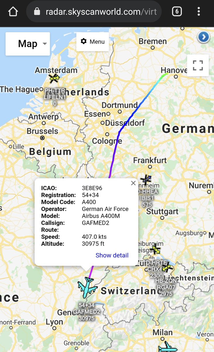 scan_sky's tweet photo. German Air Force - Airbus A400M Atlas - 54+34 - #GAFMED2

Departed From Wunstorf Air Base 🇩🇪 &amp; Currently Routing South.

Callsign Would Indicate That This Is A Medevac Tasking.

Photo From EFE-EPA/HAYOUNG JEON. https://t.co/VtQVIYFvoQ