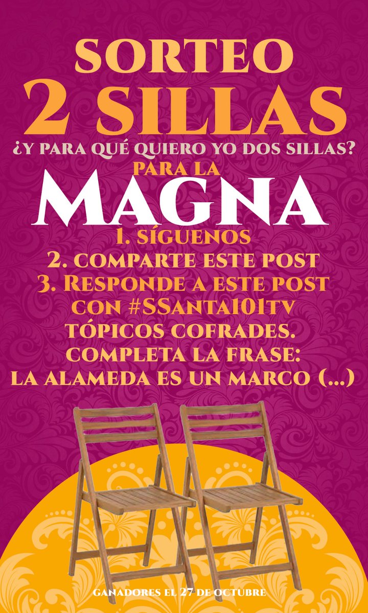 ssanta101tv's tweet photo. 🪑🪑 😃 SORTEAMOS 2 SILLAS MÁS para ver la MAGNA 
1️⃣ Síguenos
2️⃣ Comparte este post
3️⃣ Responde a este tópico cofrade 👇 y con el hashtag #Ssanta101tv: 
🌳🌳"LA ALAMEDA ES UN MARCO (...)" 
Pista: no tiene comparación 😊
Suerte!! Tenéis hasta el miércoles tras #Guion #CofradiasMLG https://t.co/IsF9gaqzbG