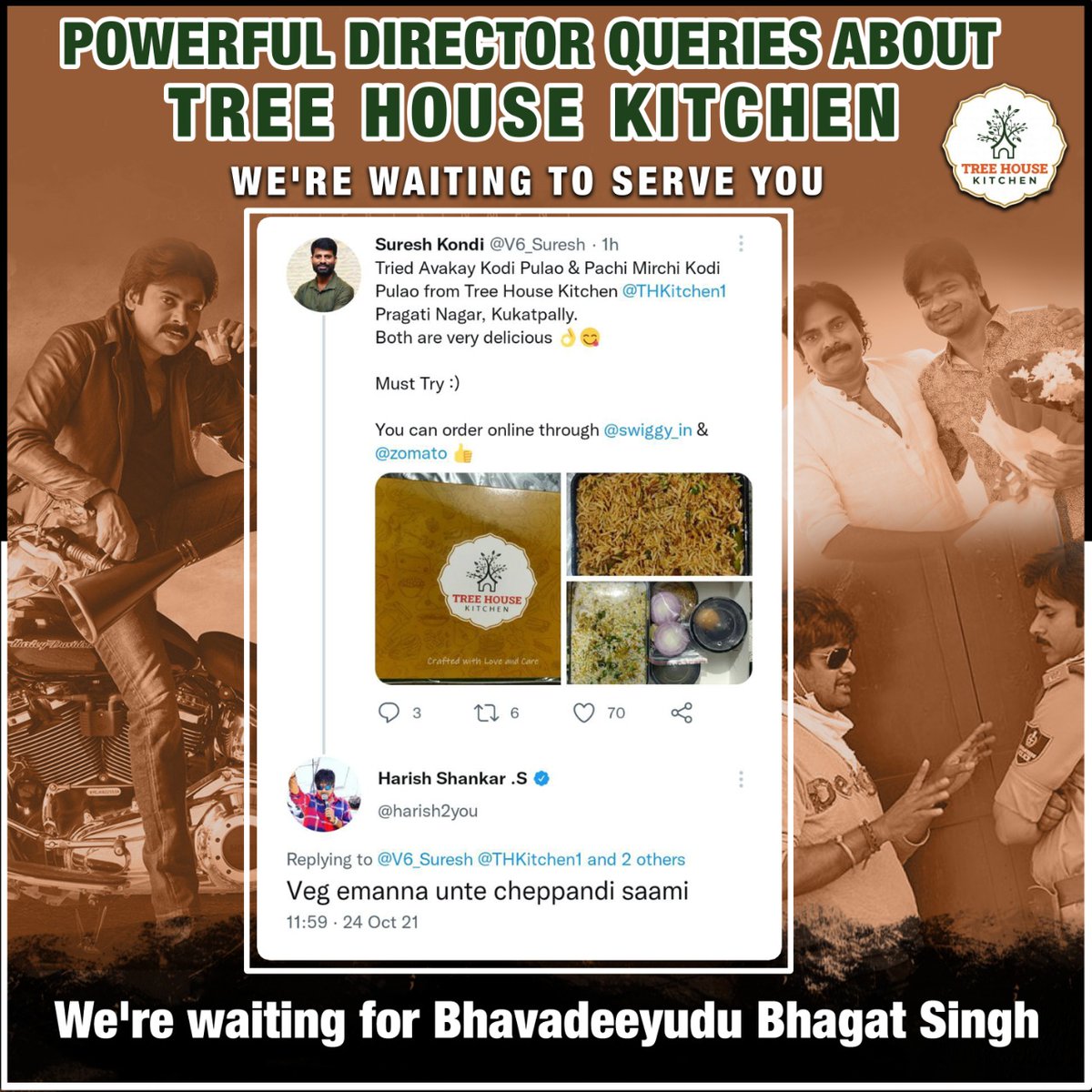 THKitchen1's tweet photo. Powerful director @harish2you queries about Tree House Kitchen. We're ready to serve you with all the love anna. We're eagerly waiting for your's next with @PawanKalyan
#BhavadeeyuduBhagatSingh
#TreeHouseKitchen
#PawanKalyan
#HarishShankar https://t.co/PLuJnKIQ1H