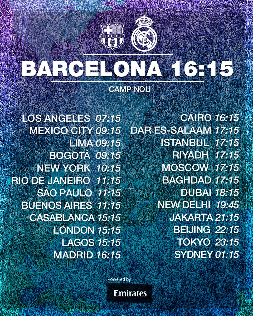 realmadrid's tweet photo. 📍🗺🧭 ¡Repasa los horarios de #ElClásico según tu localización!
📺 ¡Cuéntanos desde dónde verás el partido! 👇
✈️ @emirates https://t.co/4G7m4PGALO