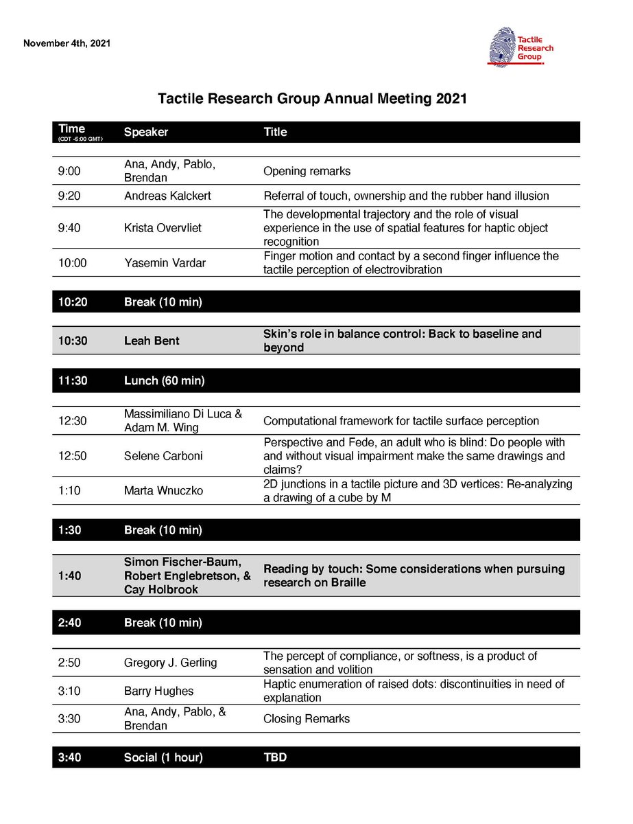 TRG_GetInTouch's tweet photo. TRG meeting (Nov 4th, 9AM-3:30PM CST) schedule is here! (Attendees from EU, Daylight saving ends a week early!)

Keynote speakers:
1. Dr. Leah Bent @LbentLeah 
2. Jointly by Dr. Simon Fischer-Baum, Dr. Robert Englebretson, &amp; Dr. Coy Holbrook @cogscimon 

Full schedule below: https://t.co/lr0fLpma8F