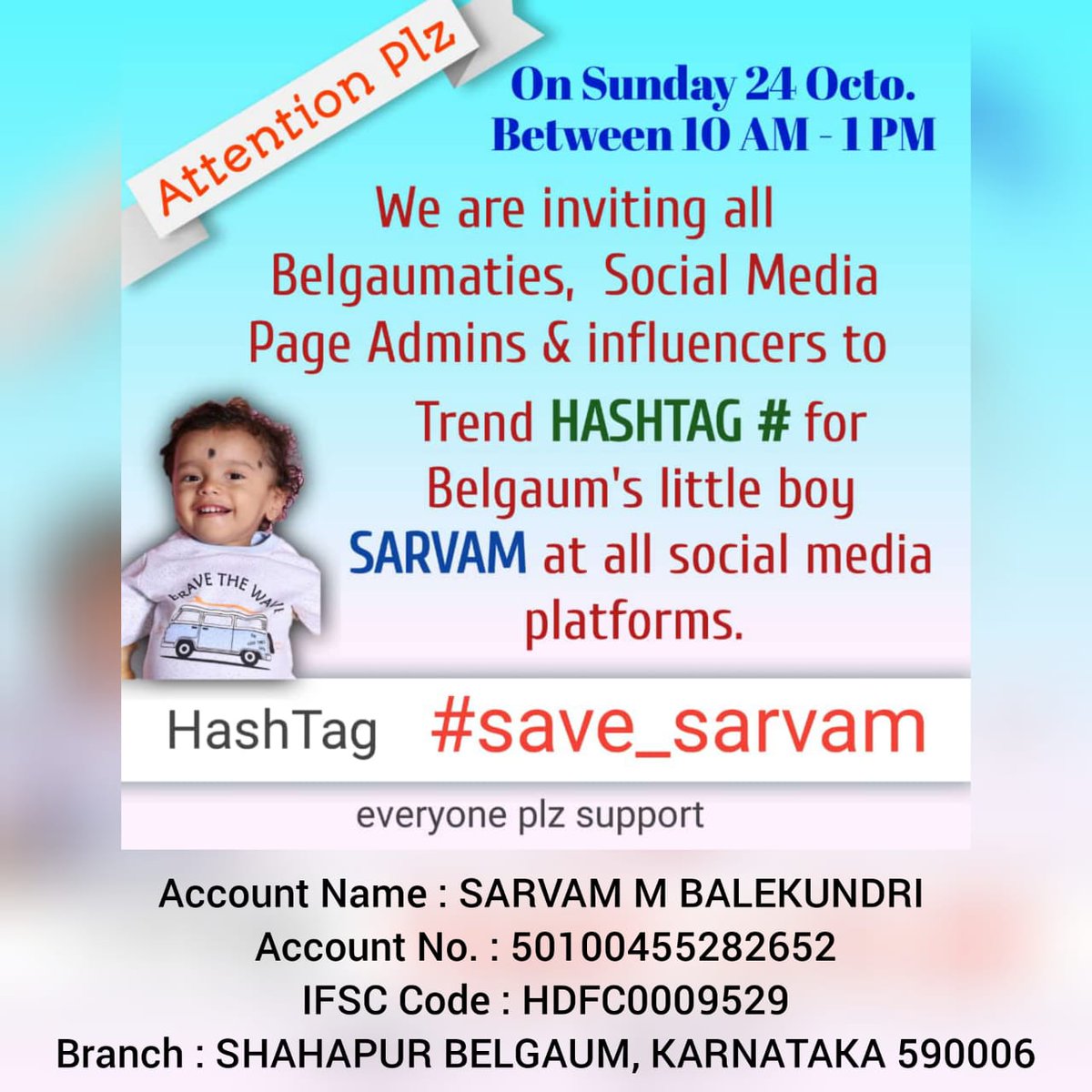 #save_sarvam For the last 15 months SARVAM is fighting with (SMA-1) a rare disease. To recover from this, need to inject Zolgensma in four months at a cost of Rs 16 crore which want to raise from Crowd funding. @akshaykumar @RNTata2000 @SonuSood @imVkohli @flyingbeast320