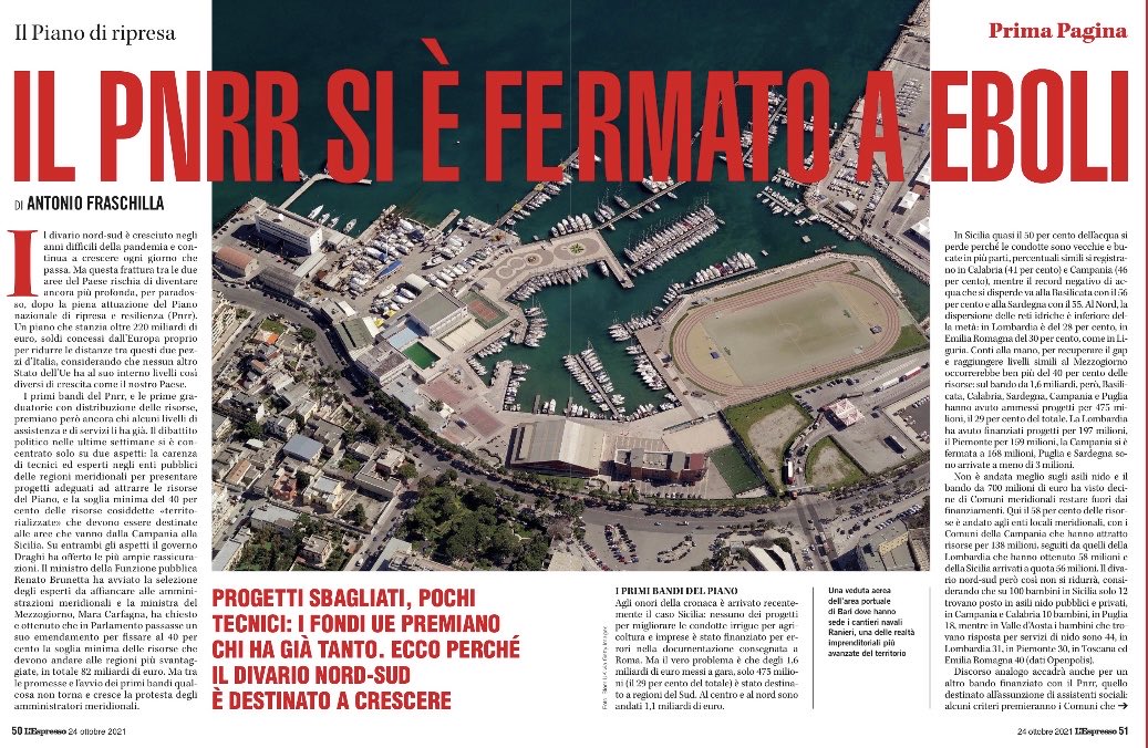 AntonioFraschi's tweet photo. Senza scelte strategiche del governo il Pnrr non servirà a ridurre gap del Sud con il resto del Paese e d’Europa. Primi bandi confermano e soglia 40% non basta e non esiste. Qui inchiesta ⁦@espressonline⁩ @profgviesti⁩ ⁦@LirioAbbate⁩ ⁦@enricobellavia⁩ https://t.co/1EBA7HbyeJ