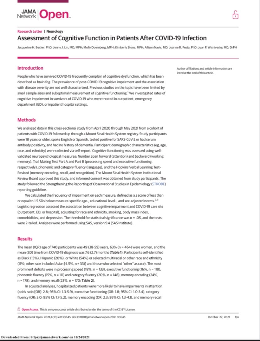 Una proporción importante de los enfermos por COVID19 sufren, meses después, alteraciones cognitivas de diversa naturaleza. 
jamanetwork.com/journals/jaman…
