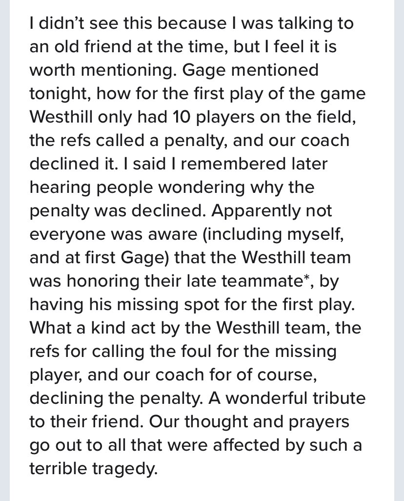 CallMeRaceHorse's tweet photo. You can judge the game, but can never judge humanity. I’m in awe at this right here and have the utmost respect for this man @CoachTieri @WesthillFB #RIP #AngelsAmongUs 🙏🏽 https://t.co/opEpfI6Ypw