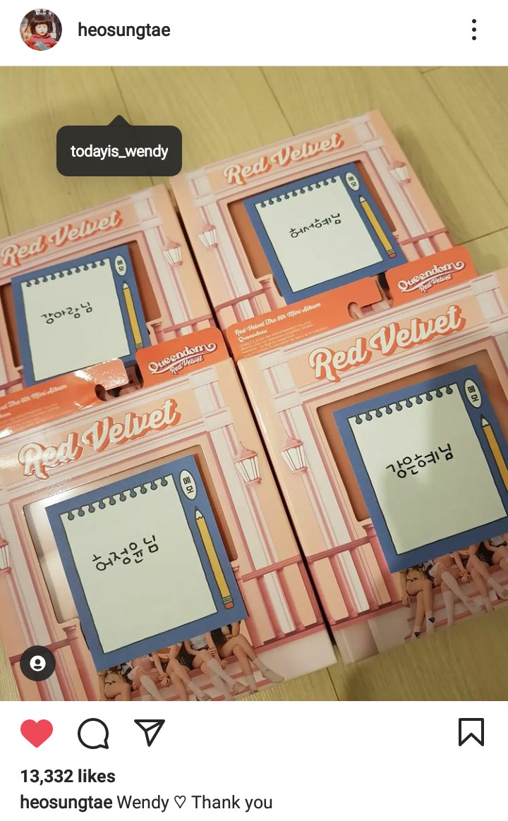 gay4wannie's tweet photo. omg wendy gave heo sungtae some queendom albums and not just him but his nephews that he mentioned. he posted it on instagram saying "wendy ♡ thank you" &amp; even tagged her 😭💙 https://t.co/Fx3maK7drm