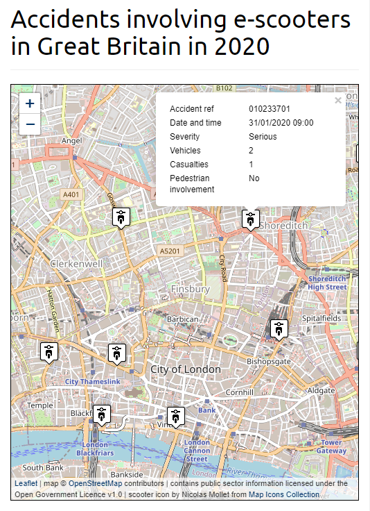owenboswarva's tweet photo. Interactive map of accidents involving #escooters in Great Britain in 2020 https://t.co/4WdvSBt6tj #roadsafety #transportdata #datavis #opendata 🛴

Based on @DfTstats's #STATS19 data https://t.co/Fj5excfwXu + statistics factsheet https://t.co/7oWJv7jERM https://t.co/3MVJnL07Yh