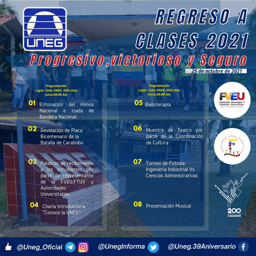 Uneginforma's tweet photo. La #UNEG presenta Programación de Actividades con motivo del inicio del retorno a clases presenciales progresivo, victorioso y seguro.
 #LaLuzDeGuayana #UniversidadBella  #RegresoAClases2021 #RegresoAClasesSeguro #Bienvenida #Bioseguridad #PrevenirEsQuerer #Pzo #CiudadBolívar https://t.co/V1HiSjS1hx