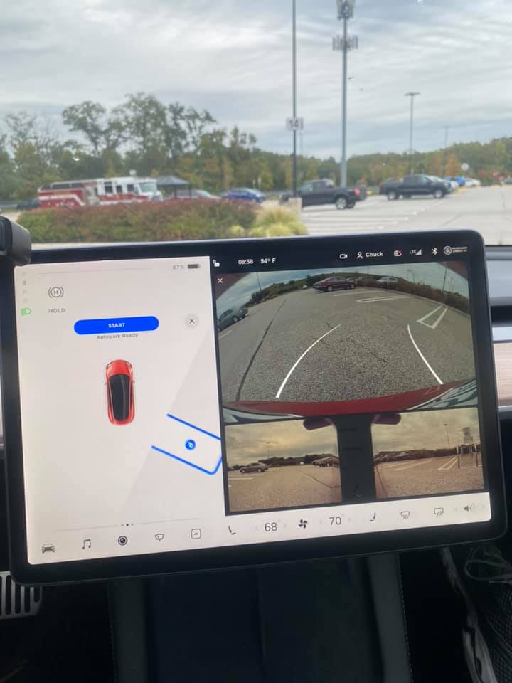 chuck_kyle's tweet photo. Pretty cool.  Updated to 10.3 in my 2021 @Tesla Model 3.  For the first time, when I went to park the #autopark kicked on.  No other cars in sight.  @SawyerMerritt @elonmusk #FSDBeta #FSDBeta10 https://t.co/9I0AmWBVWT