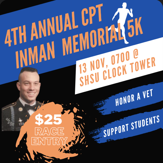 shsuArmyRotc's tweet photo. *** UPDATED LINK ***

We're down to 21 days before this year's CPT Inman Memorial 5k! Come join us on November 13 @ 0700 to honor the selfless service of CPT Inman and support SHSU ROTC Cadets! 

Participants can show their support in person or virtually: https://t.co/SaS1aED0U1. https://t.co/z06MmoqLQz