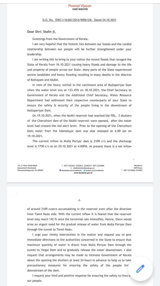 pendown's tweet photo. #JustIn: CM @vijayanpinarayi writes to TN CM Stalin. Requests TN to ensure maximum water is drawn from #MullaperiyarDam via Vaigai Dam. Wants TN to inform Kerala 24 hrs in advance on #MullaperiyarDam opening. @NewIndianXpress @xpresskerala https://t.co/EuxrVa2ROm