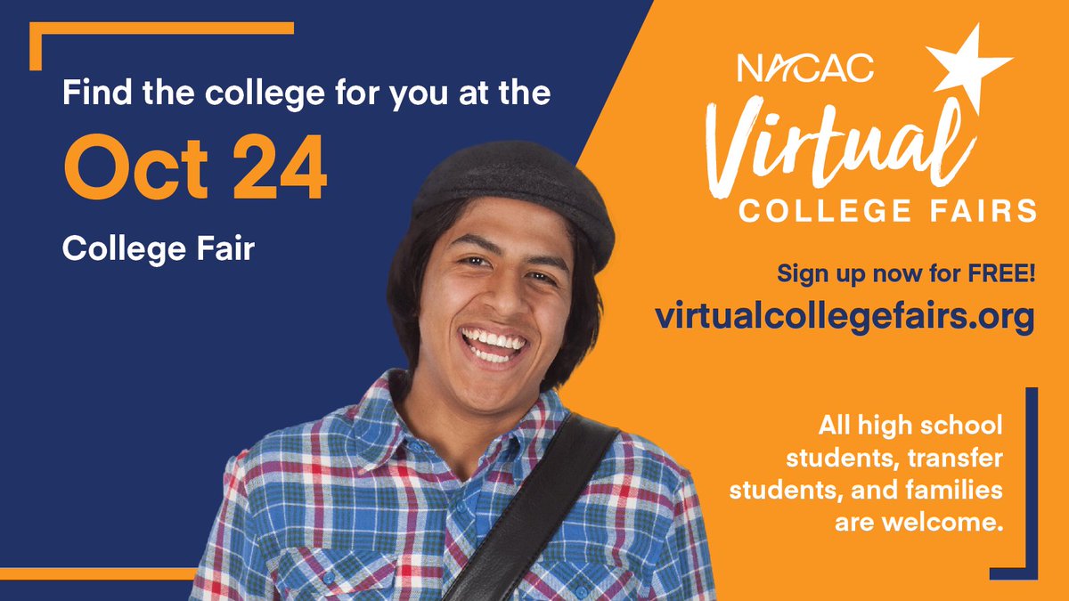 NACACFairs's tweet image. Today, explore colleges and universities at a #NACAC Virtual College Fair! Virtualcollegefairs.org #nacacfairs #collegeadmissions