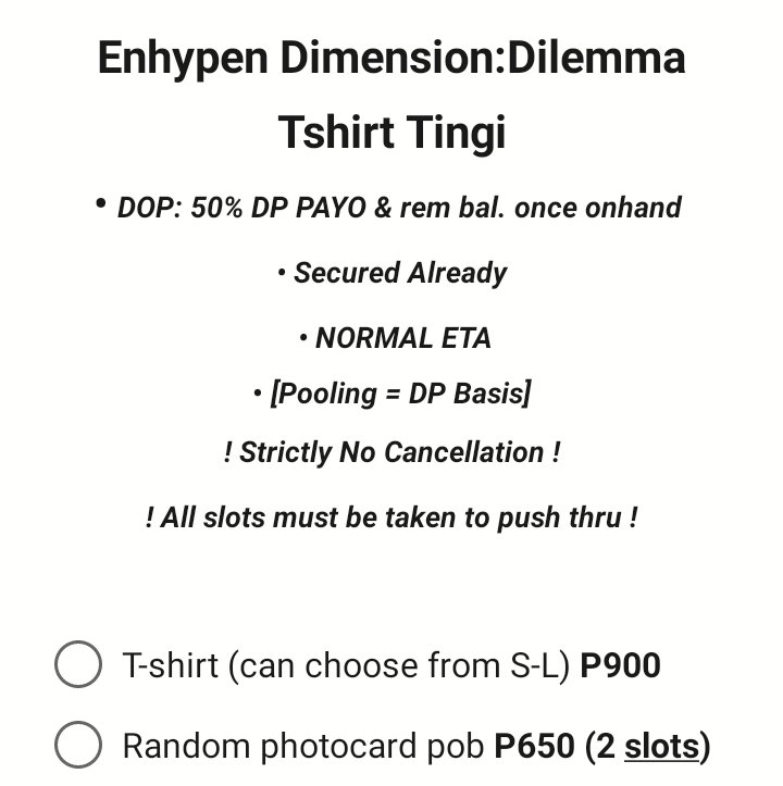 Shopia_ph's tweet photo. #ShopiaGO | Enhypen Dimension:Dilemma Tshirt Tingi [Repriced ReLapag]

• DOP: 50% DP PAYO &amp; rem bal. once onhand 
• Secured Already
• NORMAL ETA
(more info on pic)

comment mine + item https://t.co/ZqzzhGJbGL