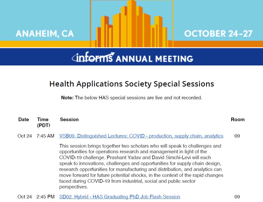 informshas's tweet photo. Be sure to check out today's #healthapplications special sessions that are live and not recorded! First is a Distinguished Lecture about challenges and opportunities for #orms in light of COVID-19 (7:45am PDT) and #HAS Graduating PhD Job Flash session (2:45pm PDT) #informs2021 https://t.co/C9pmQ8mt01