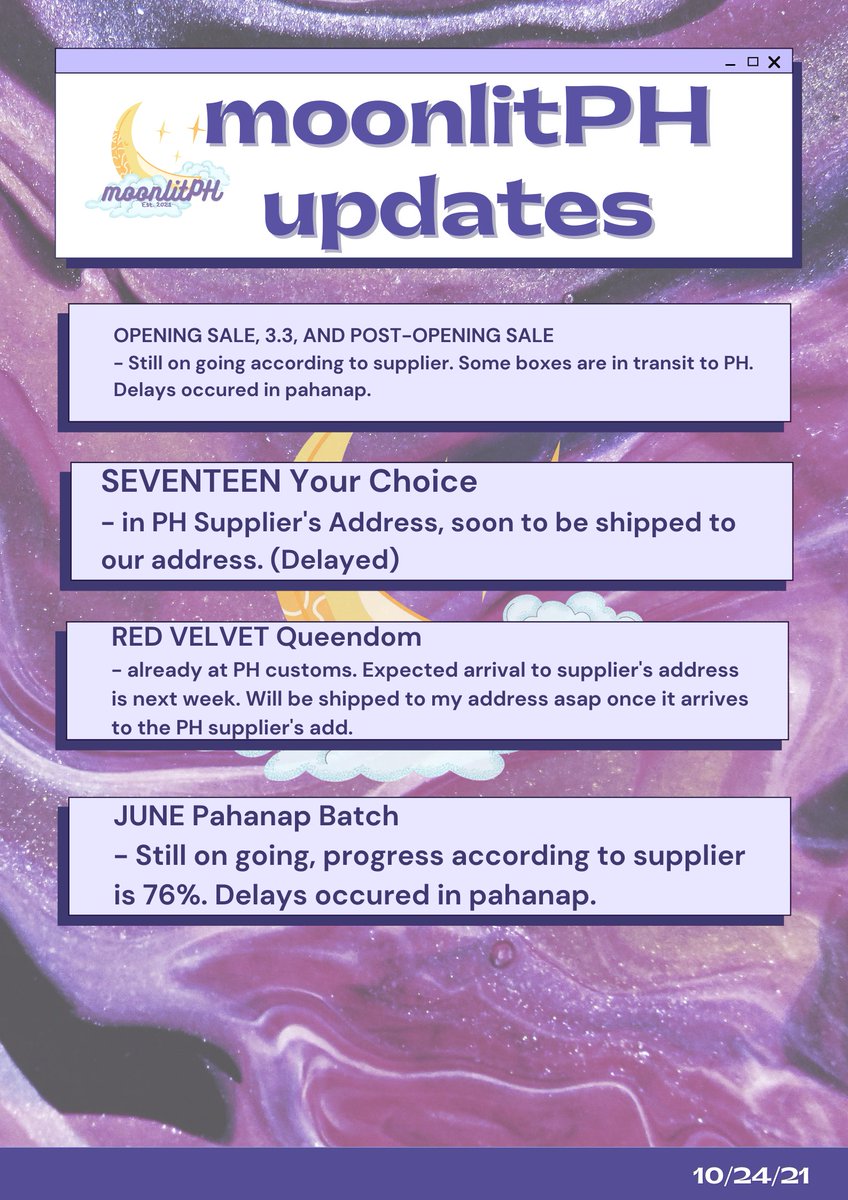 moonlitph's tweet photo. ‼️MASS UPDATE‼️ as of 10/24/2021💫

We would like to apologize for the delays. We'll post again a new update once we received infos from our suppliers. Will tend to your DMs po after our classes po if there are any concerns.

#moonlitPHUPDATES
#moonlitPHPROOFS https://t.co/Qaz0wTMOqg