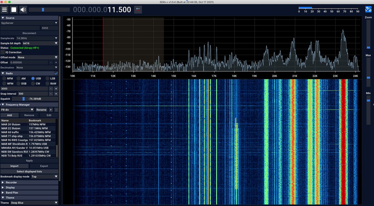 Listening to AlphaNavs while waiting for SAQ with 3m Ø Moebius loop. Quite a lot of local carriers around 17kHz, but I'm sure the mighty alternator will get through. #Grimeton #SAQ #Airspy HF+ discovery #SDRPP #VLF