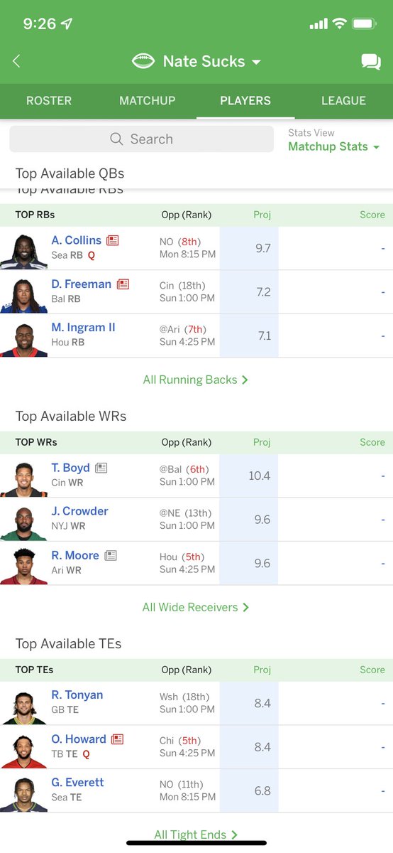 AdamBrinkmann's tweet photo. @SiriusXMFantasy need serious help! 12 team PPR, thinking about waiting till the 4pm time frame to decide on picking up Collins based on where I’m at in points. Good strategy? Thendrop Gronk or Schultz? Or take the L? Any help is appreciated! https://t.co/9GKnVoNc86