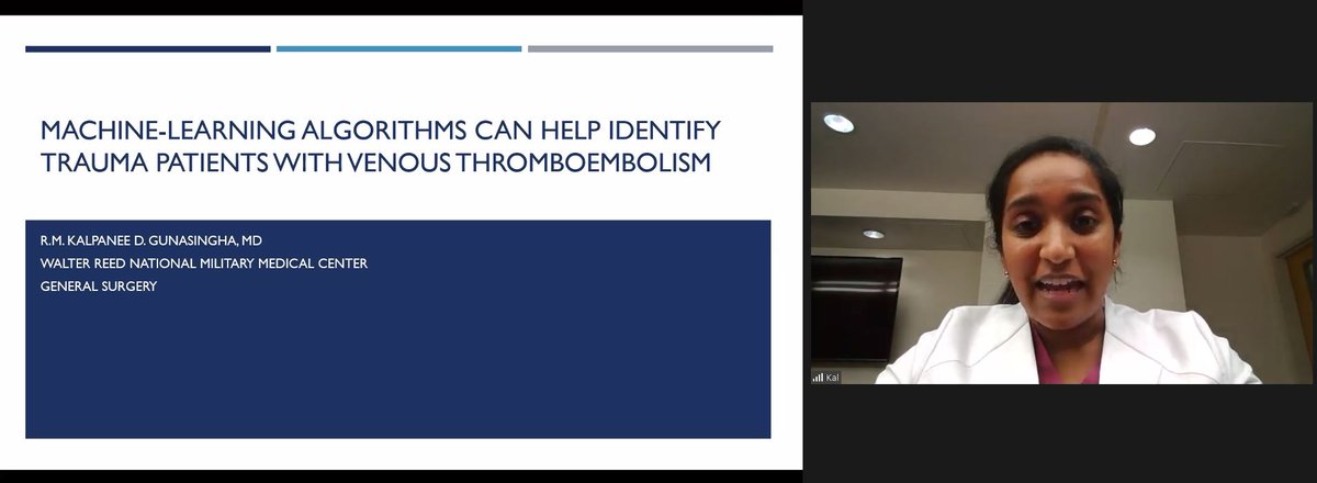 Even #OnCall, the show must go on! Another reason why #MilitarySurgeons are so AWESOME!

<a href="/USUWR_GenSurg/">USU/WRGenSurg</a> resident, Dr. Gunasingha presents her work on machine-learning algorithms in trauma, WHILE HOLDING THE LINE FOR OUR SICK SMs!

BZ, Dr. Gunasingha!

#ACSCC21 #ACSCC2021