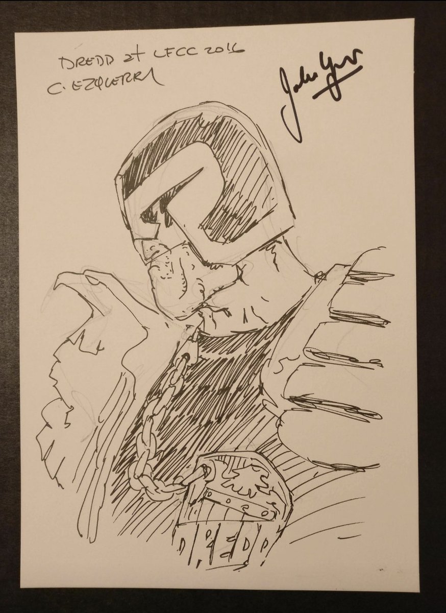 killbeanie's tweet photo. Day 24. Your favourite item. #LFCC2016 my first convention and unbeknown to me both Carlos Ezquerra and John Wagner were there, creators of my favourite comic character Judge Dredd.Sadly I never met Carlos again, so this sketch is very much treasured. #drokktober #drokktober2021 https://t.co/r5b6RdM6ou