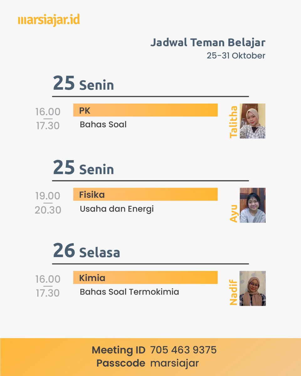marsiajarid's tweet image. 📍JADWAL TEMAN BELAJAR IS UP📍

Siapa yang nungguin live class dari kita nih?🙌🏼