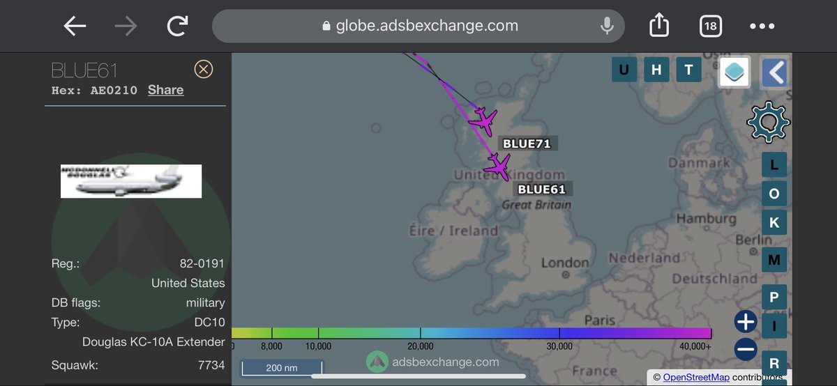 TheSnoopySnoop's tweet photo. Pair of #KC10A #Extenders #USAF took the Artic route from #Travis now heading south over #Scotland
#BLUE61 #ae0210 82-0191
#BLUE71 #ae022f 86-0038
#haveglass #AvGeek #milair #airtanker #planespotting https://t.co/giVhAB9zlj