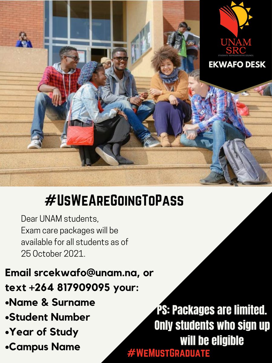 unamsrcofficial's tweet photo. Att all UNAM students, the SRC leadership through the SRC Ekwafo Desk will be distributing Examination care packs to students from the 25th of October 2021. Kindly send an email or text message to secure yours now. Packages are limited, hurry! #UsWeAreGoingToPass #WeMustGraduate https://t.co/44fm6Psrw5