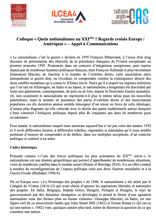 rojas_dan's tweet photo. Appel à Com "Quels nationalismes au XXIème ? Regards croisés Europe/Amériques" #IdA Grenoble, 1-3/06 2022. Propositions  à envoyer avant le 31/10 à nationalismes.regardscroises@gmail.com @ilcea4 @idameriques @idameriquesLima #PoleWashington @ExeterCIGH @SLASLatAm @polemercosur https://t.co/BDfwjf1lAu
