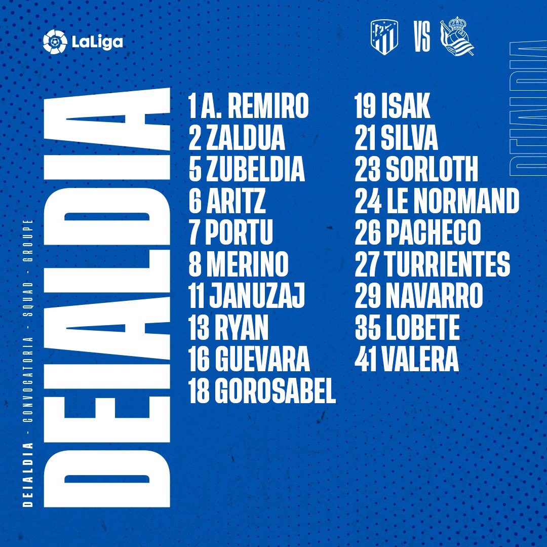 RealSociedad's tweet photo. 📋 La convocatoria para el partido de esta noche. AUPA REAL!!!

#AtletiRealSociedad | #AurreraReala https://t.co/kQhvTKUJDo