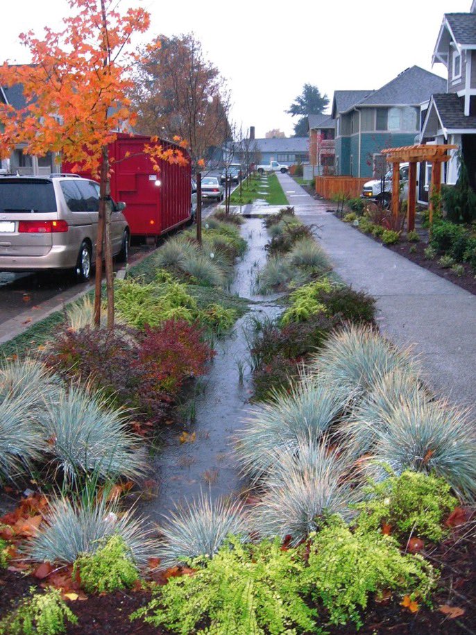 hongbin4council's tweet photo. Adding bioswales along sidewalks/bike lanes provides protection while addressing stormwater runoff. #GreenInfrastructure #MultiSolve #naturebasedsolutions https://t.co/WiHZvFa242