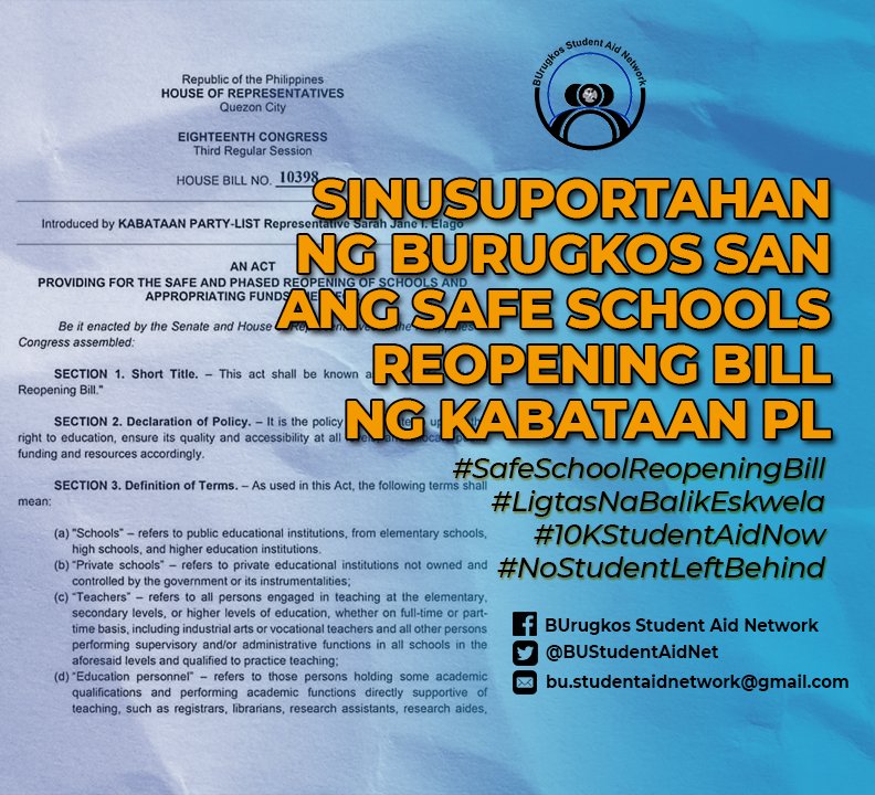 BUStudentAidNet's tweet photo. PAHAYAG NG PAGSUPORTA NG BURUGKOS STUDENT AID NETWORK SA SAFE SCHOOLS REOPENING BILL NG KABATAAN PARTYLIST

#LigtasNaBalikEskwela
#SafeSchoolReopeningBill
#10KStudentAidNow
#NoStudentsLeftBehind

Basahin: https://t.co/AvLLkfJhE2 https://t.co/ZcKOqHwUMB