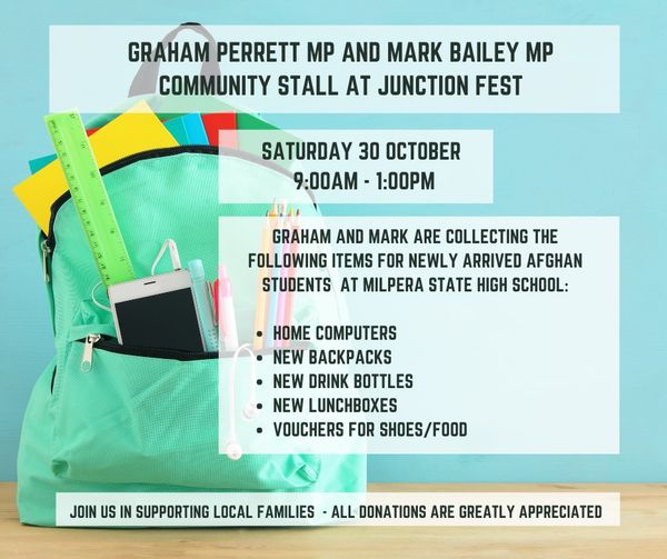 Annerley_Labor's tweet photo. Thanks @GrahamPerrettMP &amp; @MarkBaileyMP  for organising a collection for recently arrived students from Afghanistan attending one of our local schools. If you can donate, drop by their stall at #JunctionFest Annerley on Saturday 30 October from 9:00am until 1:00pm. https://t.co/kpFBHBlu0U