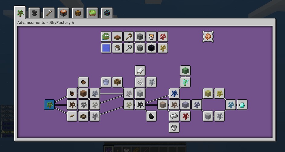 Mondgesang's tweet photo. Achso, ich hab ne Weile vergessen Hinweise zu tweeten, dass Ehezwerg und Nachwüchsling ja nur erfunden sind! Here wo go.. Erster Advancements tab von SkyFactory 4 (by darkosto) ist erledigt :D
*geht noch ein paar Blöcke schubsen*
#MinecraftSP https://t.co/ysSJY9Xy14