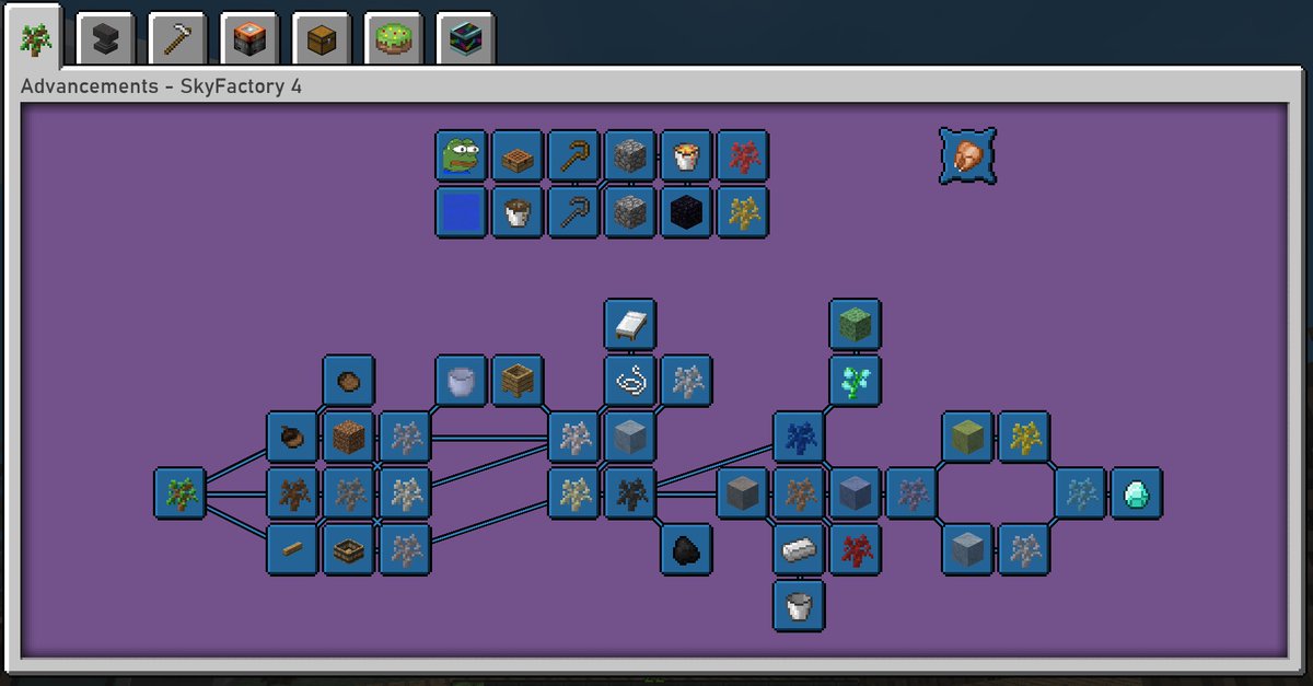 Mondgesang's tweet photo. Achso, ich hab ne Weile vergessen Hinweise zu tweeten, dass Ehezwerg und Nachwüchsling ja nur erfunden sind! Here wo go.. Erster Advancements tab von SkyFactory 4 (by darkosto) ist erledigt :D
*geht noch ein paar Blöcke schubsen*
#MinecraftSP https://t.co/ysSJY9Xy14