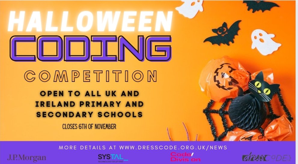 dressCodeHQ's tweet photo. 🏆Free Halloween coding competition open to all Pimary &amp; Secondary pupils in the UK and Ireland! 

🎃Code a haunted house Halloween themed project on @scratch. Closes 6th of November!👻

Lots of amazing prizes up for grabs!!! 🏆

More details at https://t.co/YgKWmhxqoG https://t.co/QiZpk3S8YR
