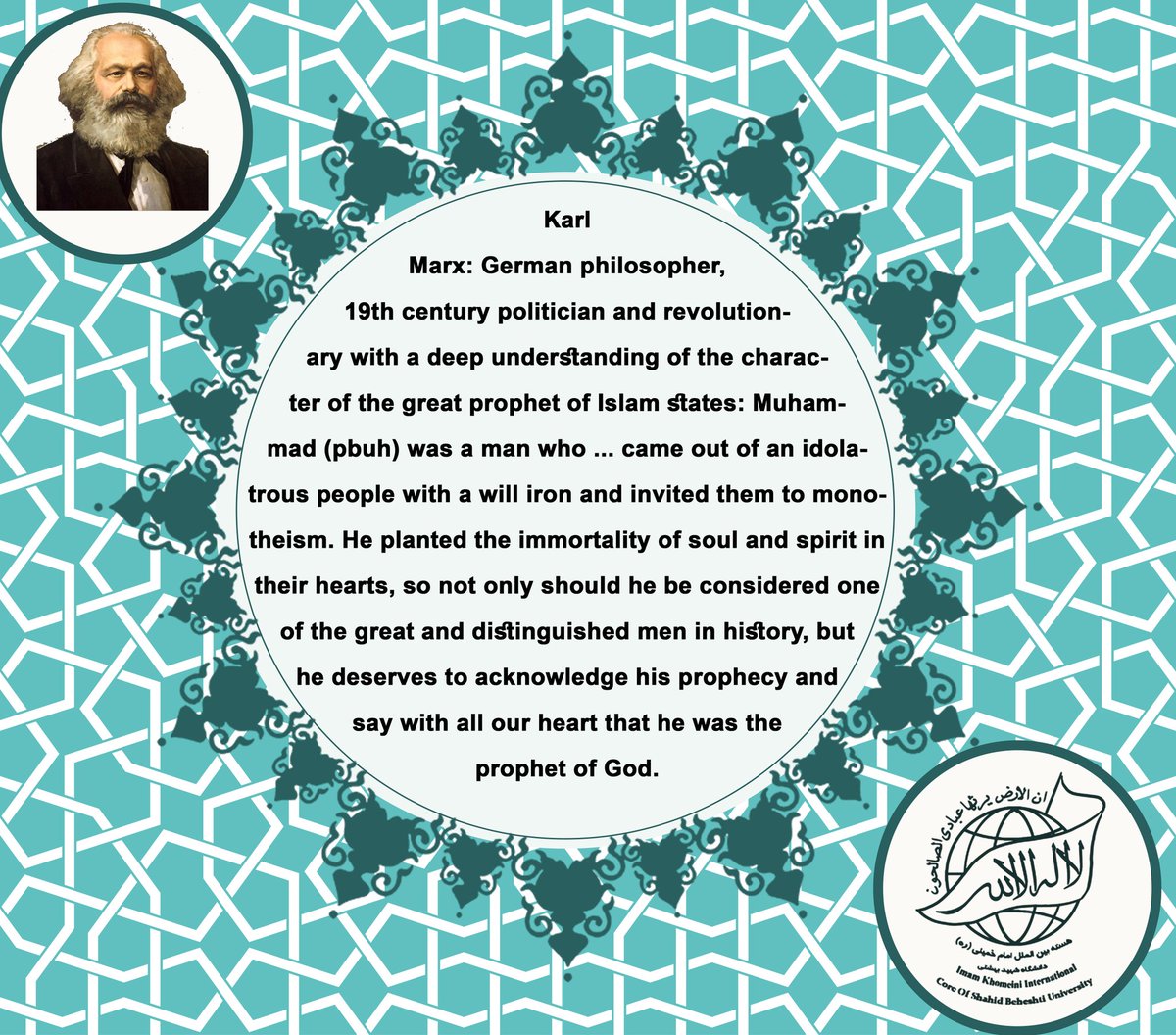 ikic_sbu's tweet photo. Karl Marx's opinion about the Prophet of Islam, Muhammad(pbuh)

#Prophet_of_kindness 
#Prophet_of_freedom https://t.co/5hF5m19C6B
