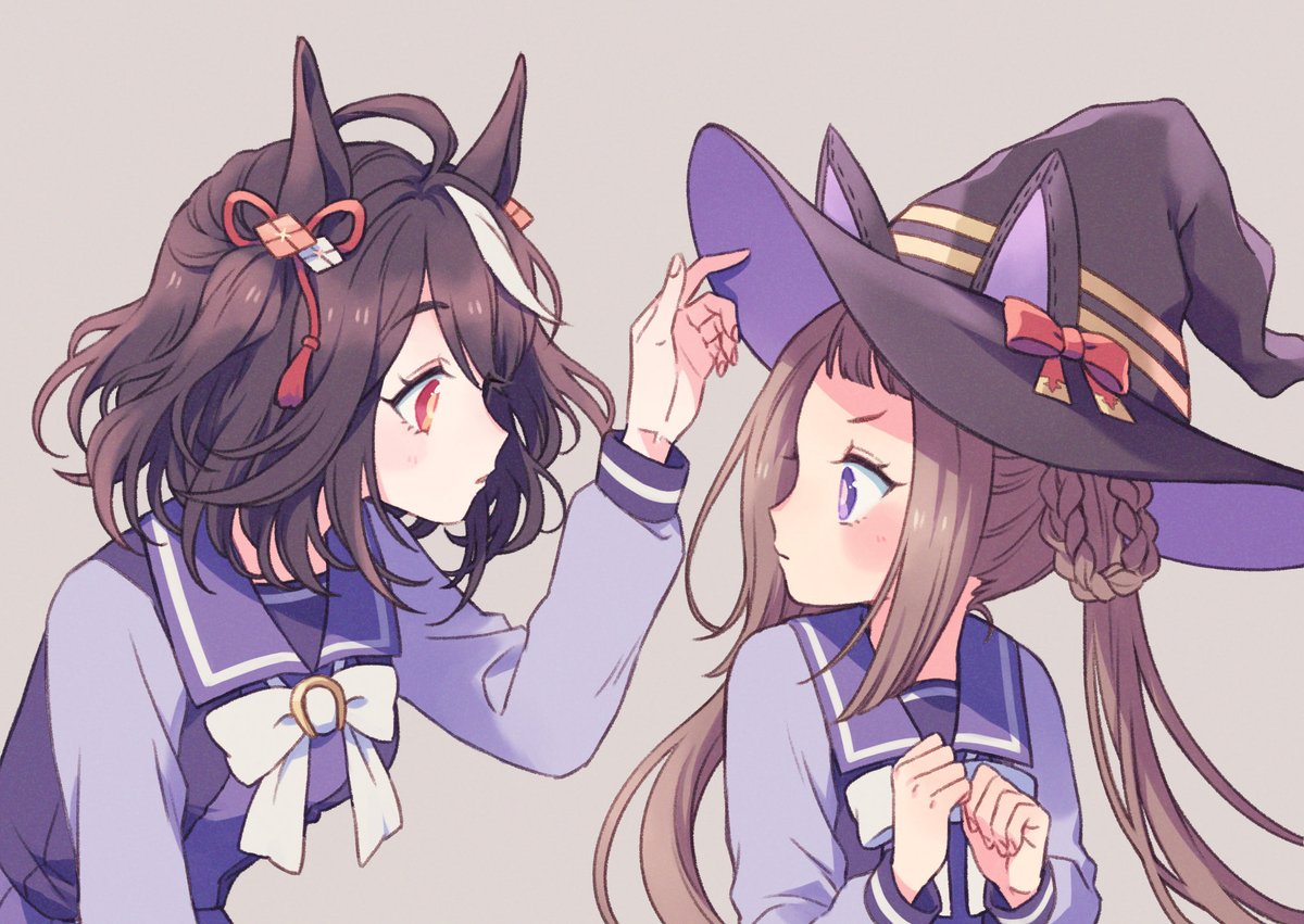 kitasan black (umamusume) ,sweep tosho (umamusume) multiple girls 2girls animal ears witch hat tracen school uniform horse ears hat  illustration images