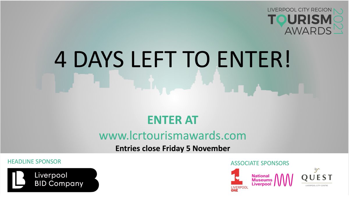 LCRTourismAward's tweet photo. 4 days left to enter! #LCRTA21 in association with @LpoolBIDcompany @QuestLCC @NML_Muse @Liverpool_ONE @Wirral_Chamber @ACCLiverpool @TicketQuarter https://t.co/a53TCsmK6s