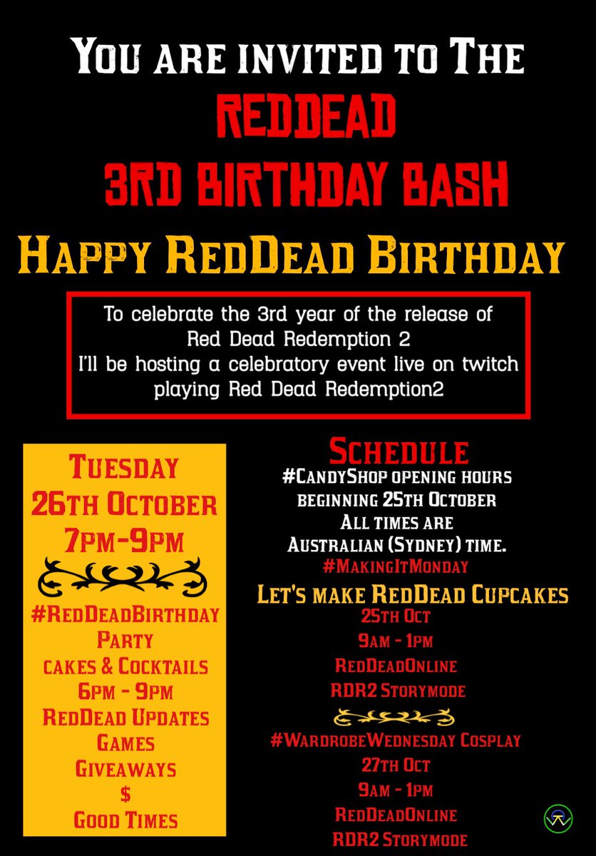 Candysseus's tweet photo. Dear #SweetAsGang 🍬 Happy #RedDeadBirthday week 🎈 Join me live in the #CandyShop for a celebration of the 3rd year of the Best game ever #RedDeadRedemption2 #RedDeadOnline Sincerely #MissCandyLicious🍭⭐️ https://t.co/LCnoOVPFyD