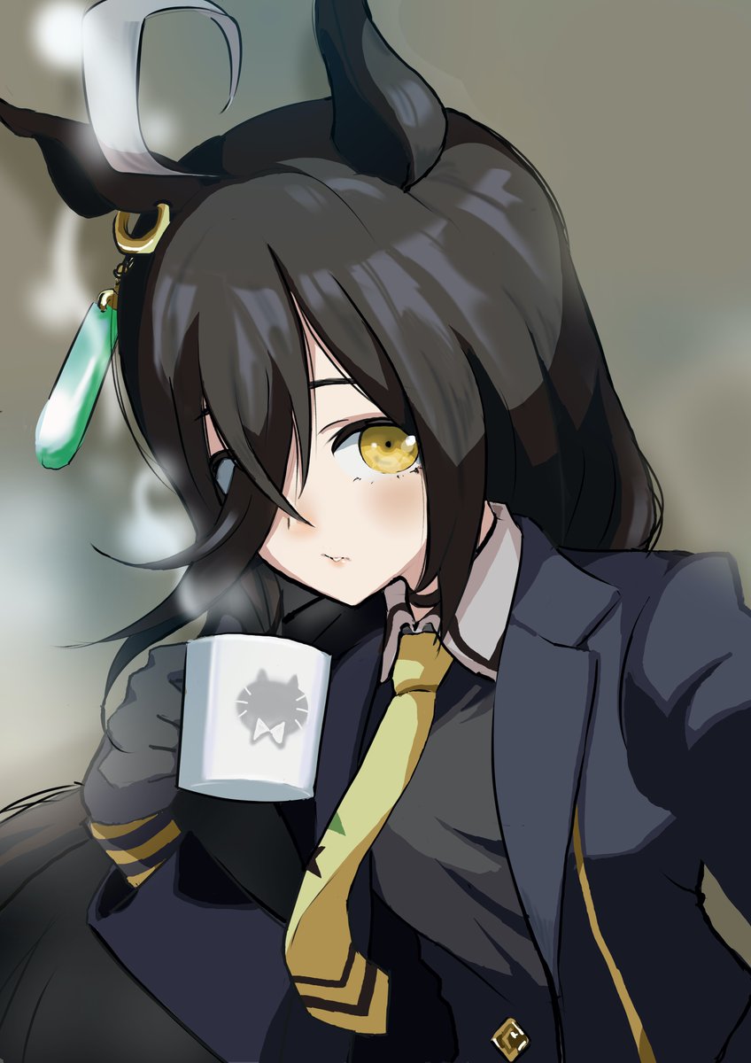 manhattan cafe (umamusume) 1girl animal ears solo cup necktie horse ears black hair  illustration images